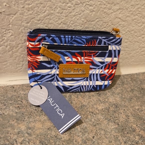 Nautica Blue and Red Leaf Print Pouch Brand New - Picture 1 of 3